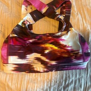 Lululemon Pink and Yellow Sports Bra with Racerback Design and Stretchy Fabric